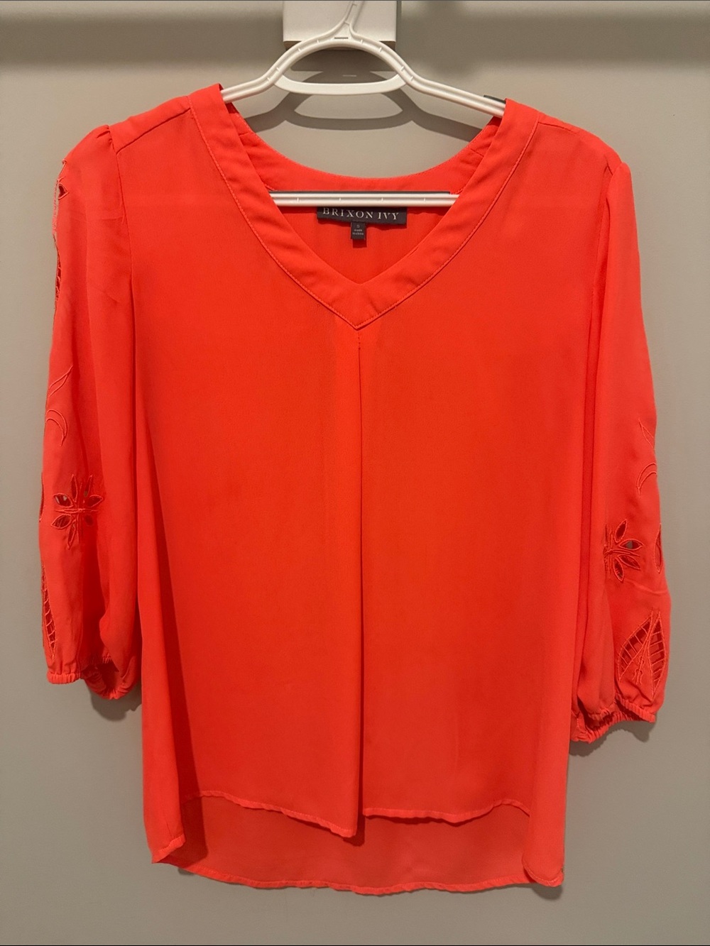 Brixon Ivy Coral V-Neck Blouse with Embroidered Sleeves